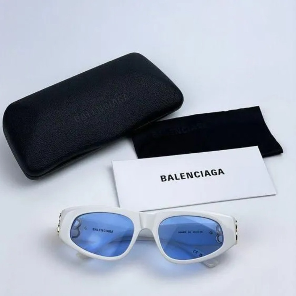 Balenciaga BB 0095 S White Frame with gold  logo and Blue lenses  Sunglasses